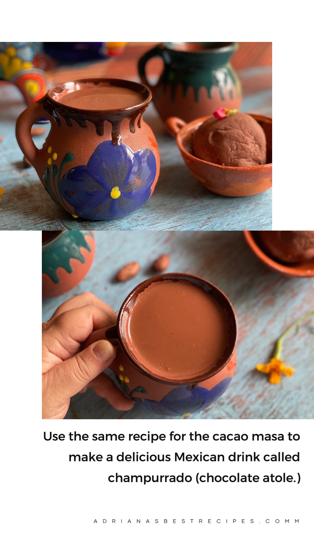 a collage showing a hand holding a mexican pottery cup with champurrado