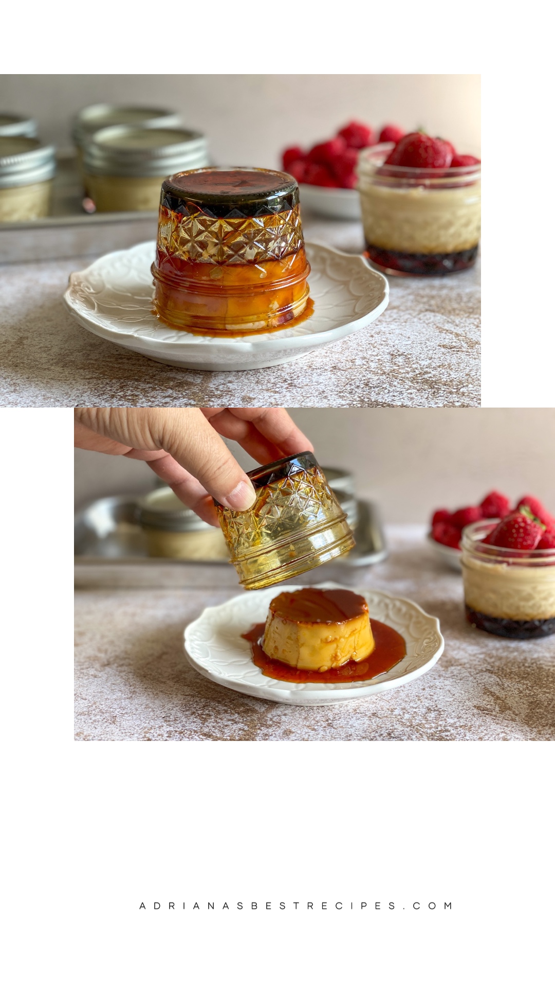 a hand shaking the canning jar to remove the mexican flan