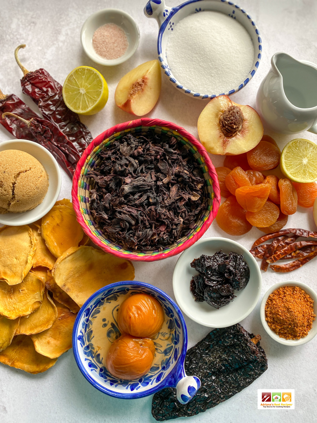 a variety of ingredients including hibiscus flowers and dried fruits