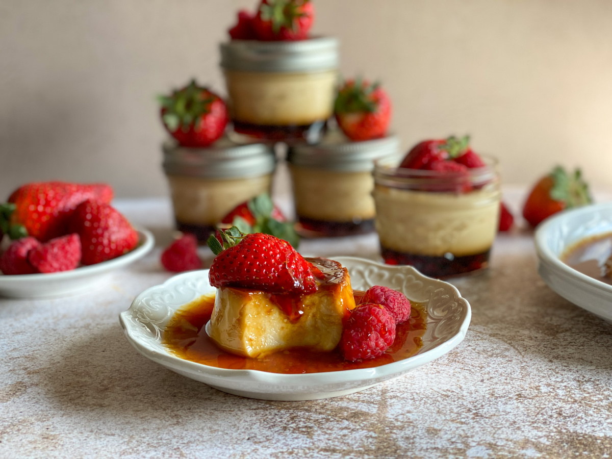 Mexican flan served with berries