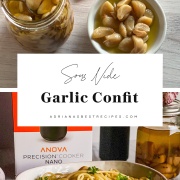 A collage with a pasta dish and garlic