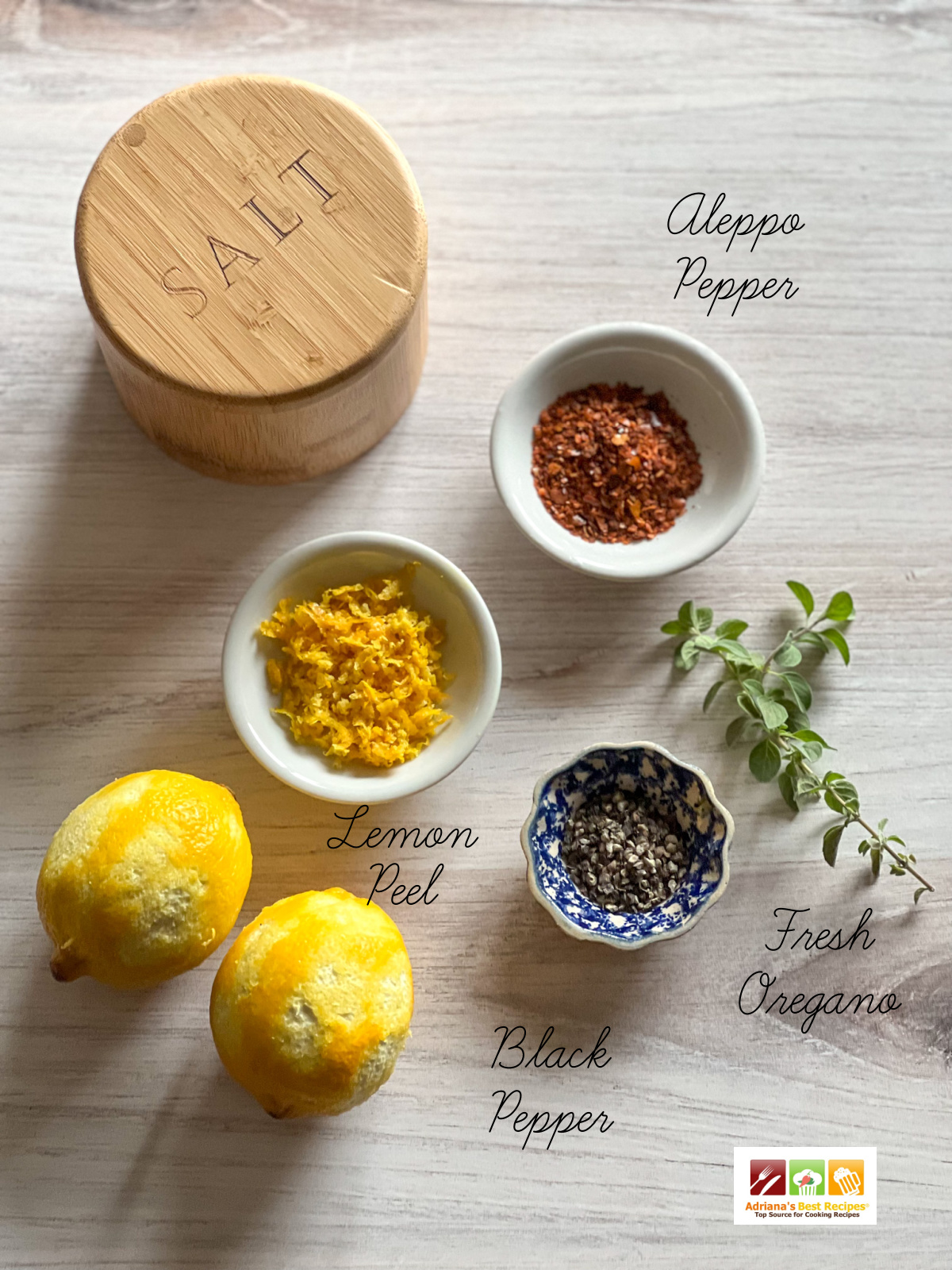 lemon peel, black pepper, oregano and aleppo pepper