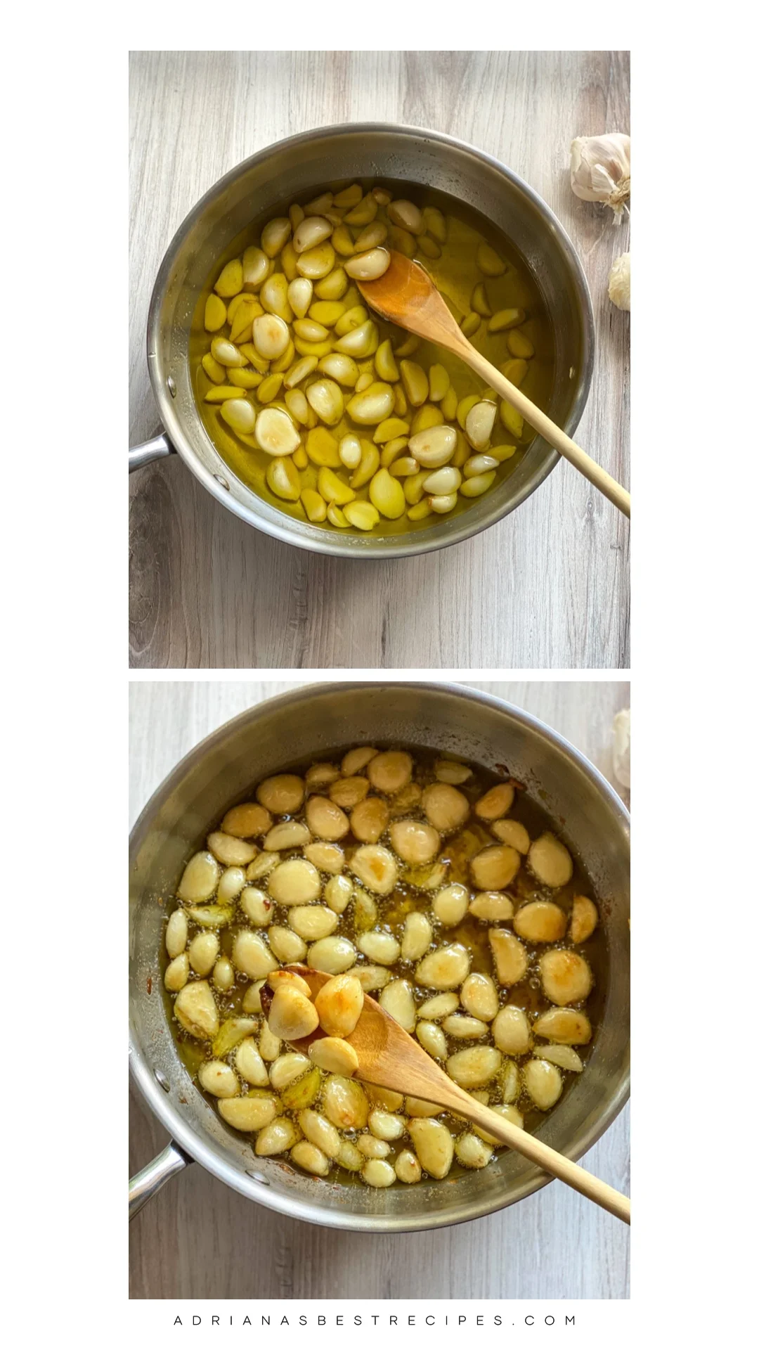Sauteing garlic cloves in a deep fry pan