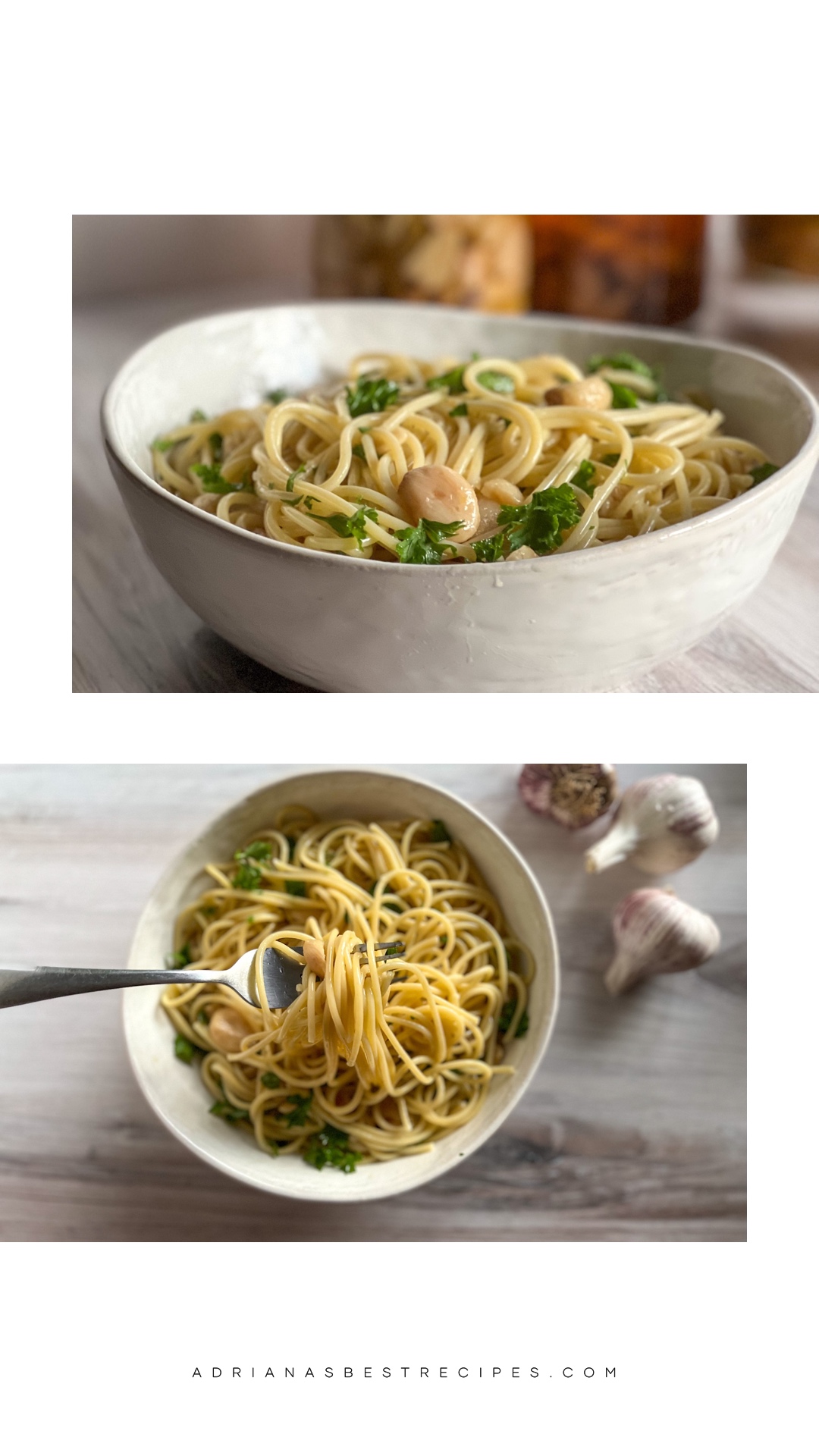 a collage with pasta aglio e olio