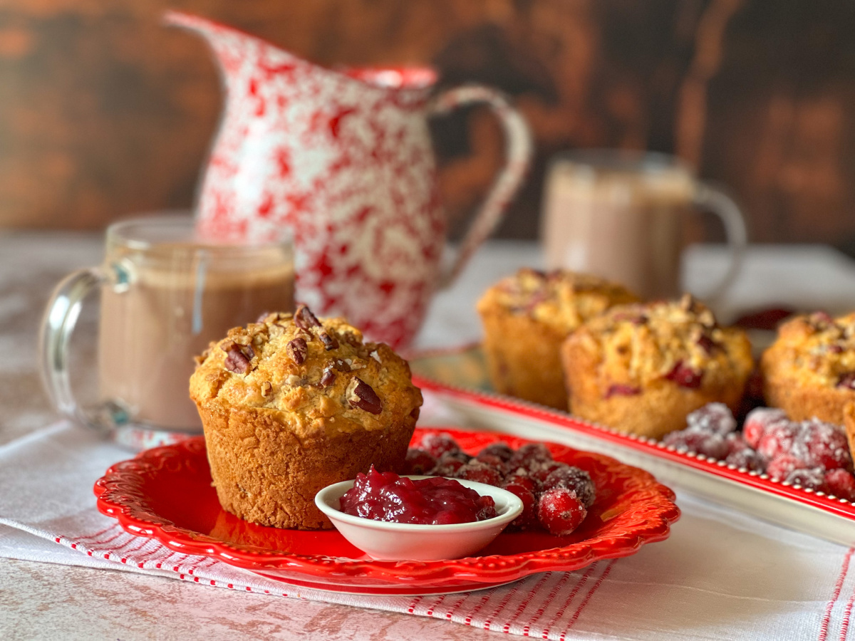 A biscuit formed like muffin served with cranberry jam