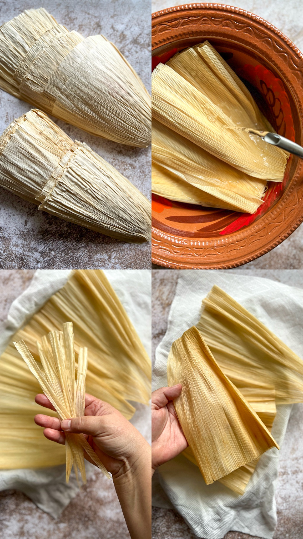 a step by set collage on how to prep the corn husks