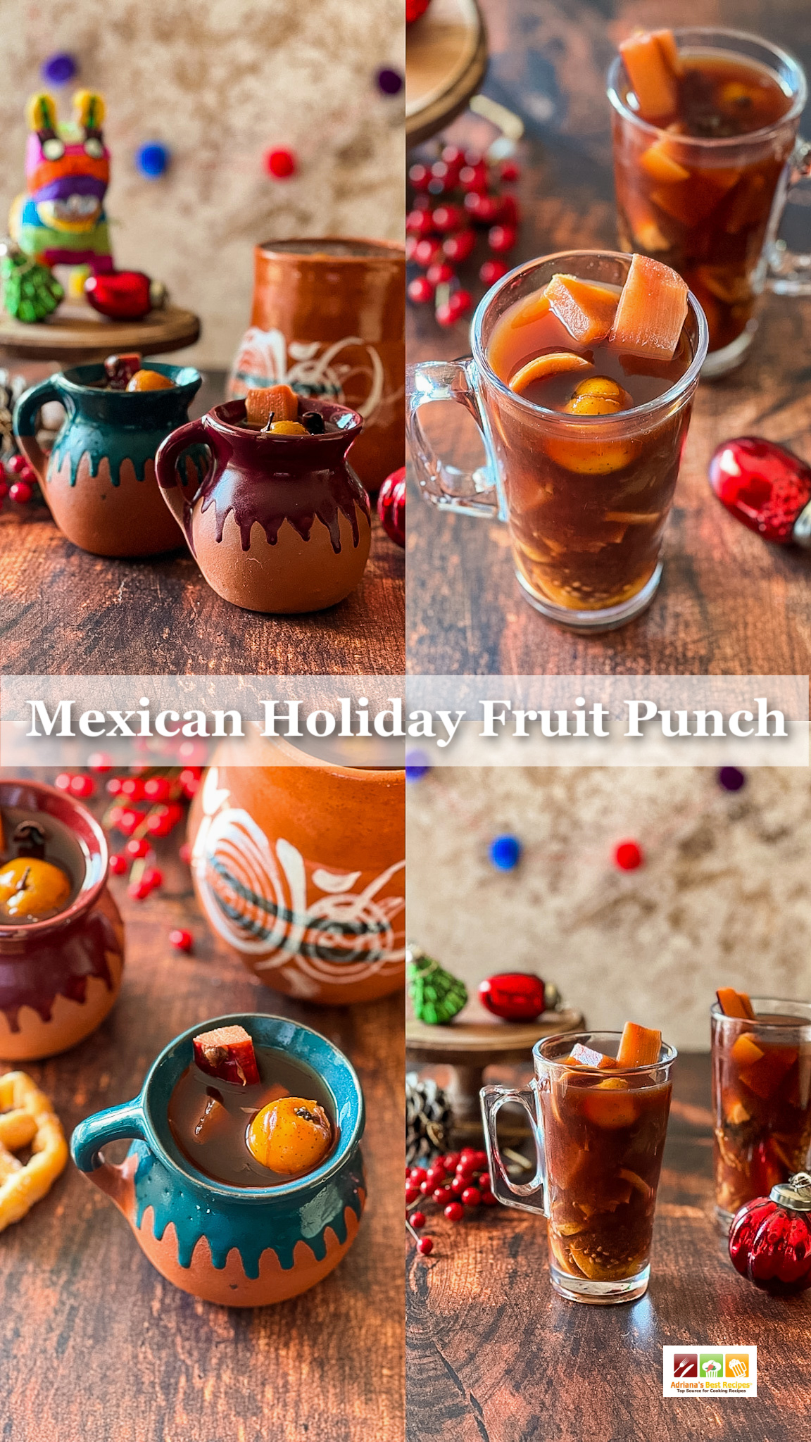 Collage with the Mexican Christmas Punch served in jarritos and tall coffee cups