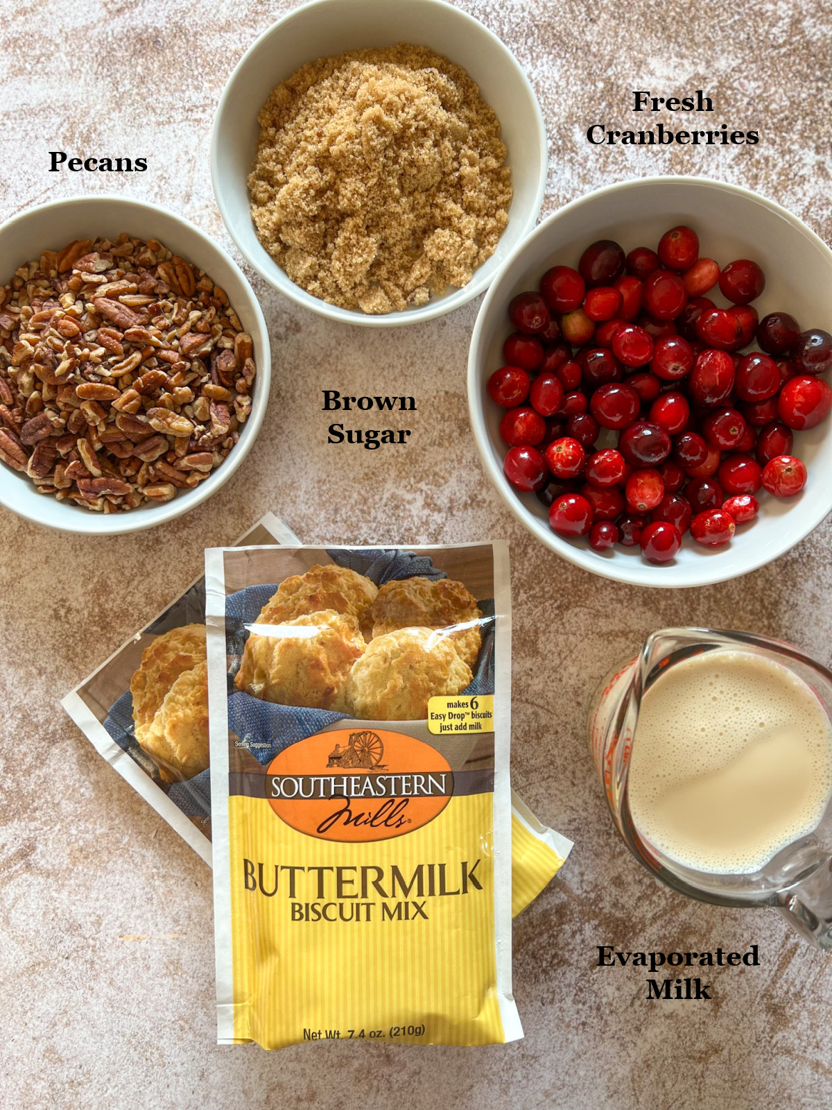 Ingredients for making the easiest buttermilk biscuits with fresh cranberries