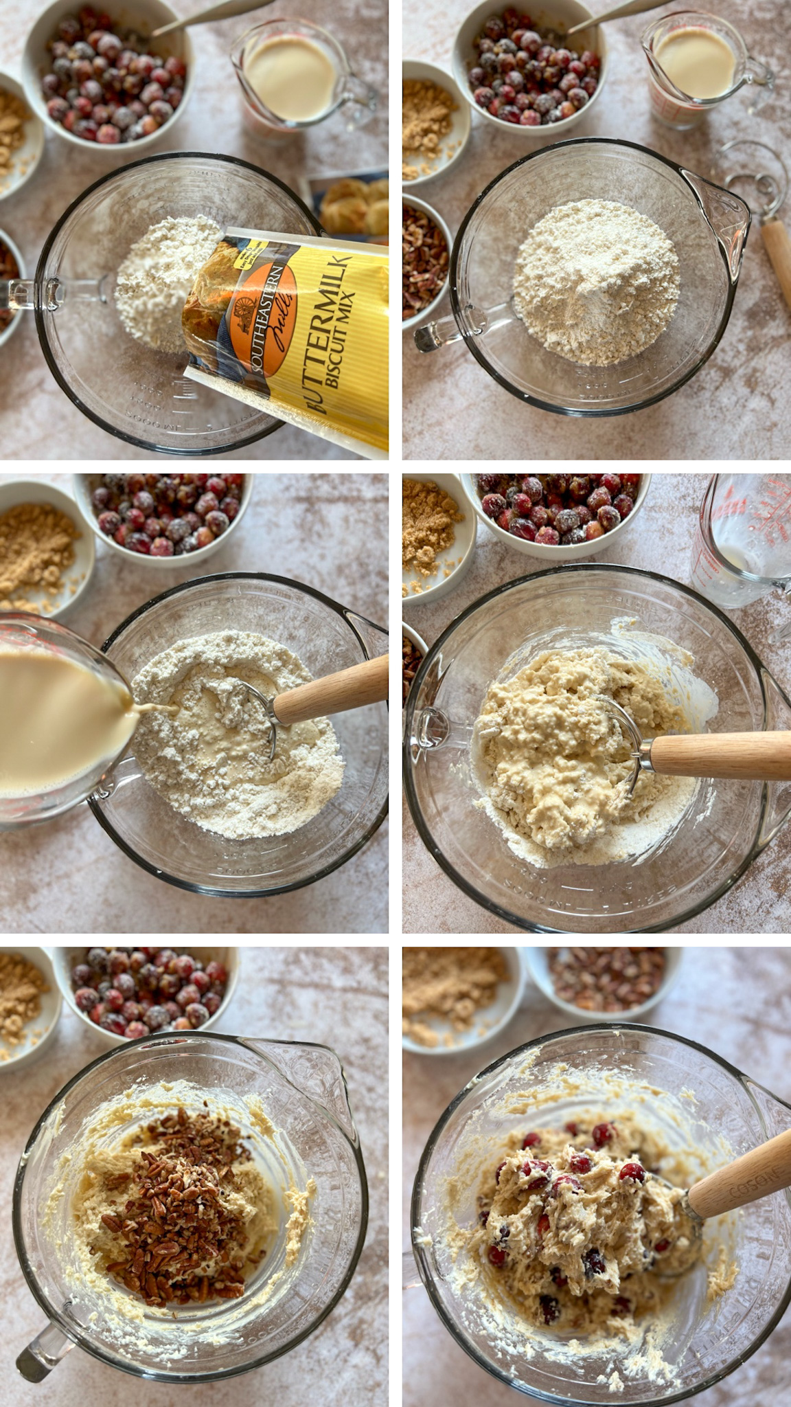 Step by step on how to make the easy biscuit dough with fresh cranberries