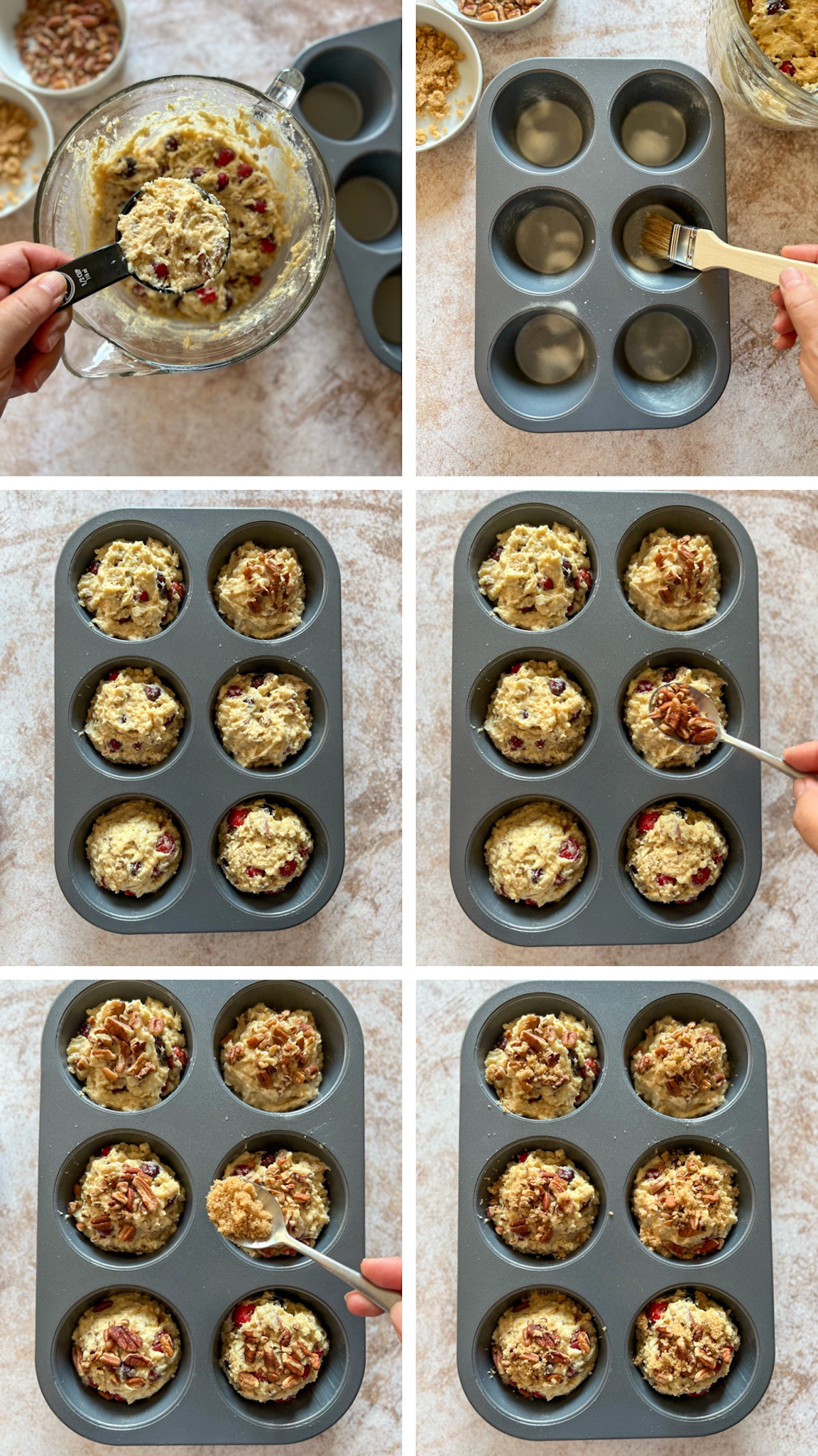 Step by step on how to scoop the biscuit dough into the muffin tin