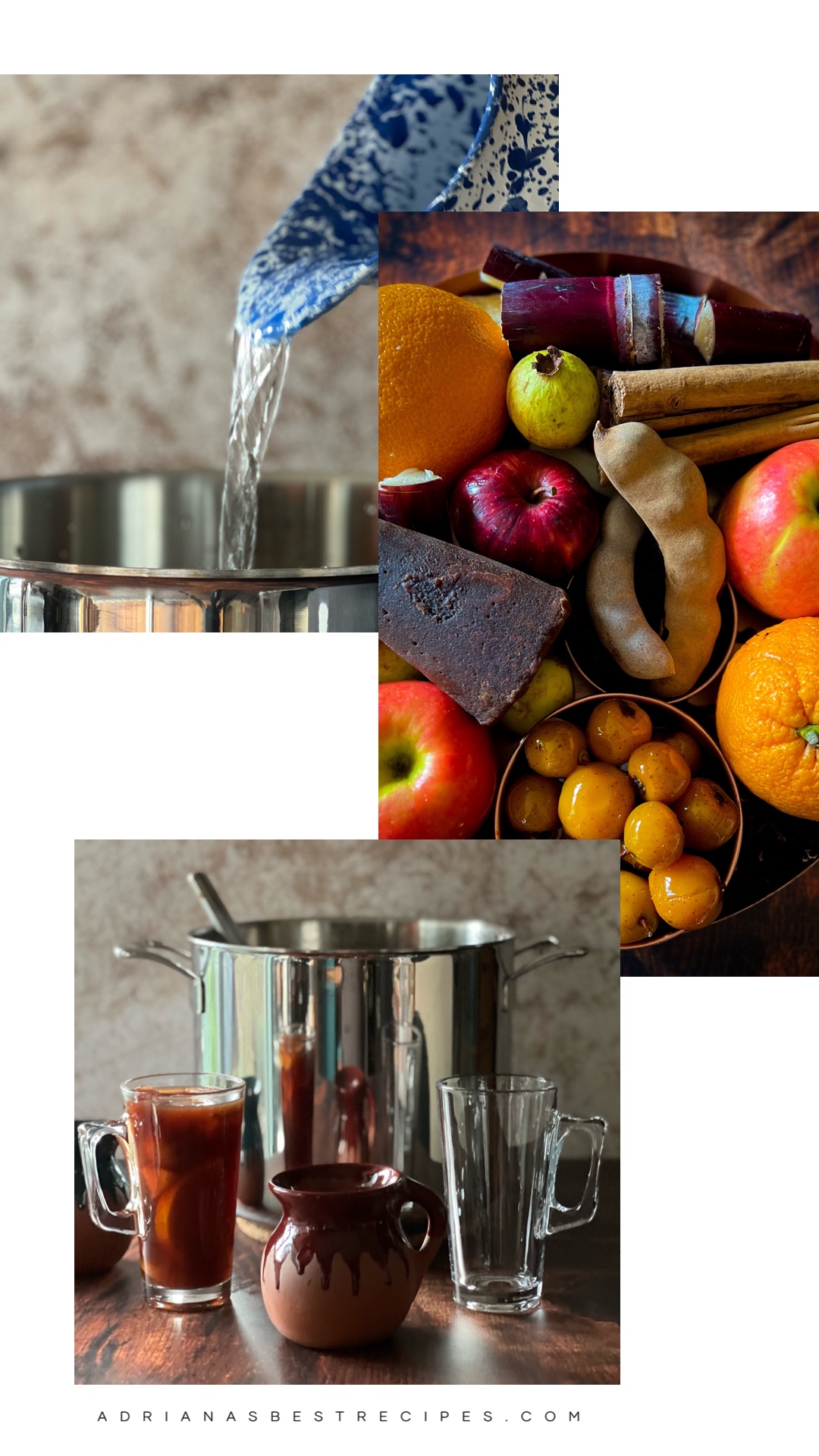 a collage with images showing the cooking of a Mexican Christmas Punch