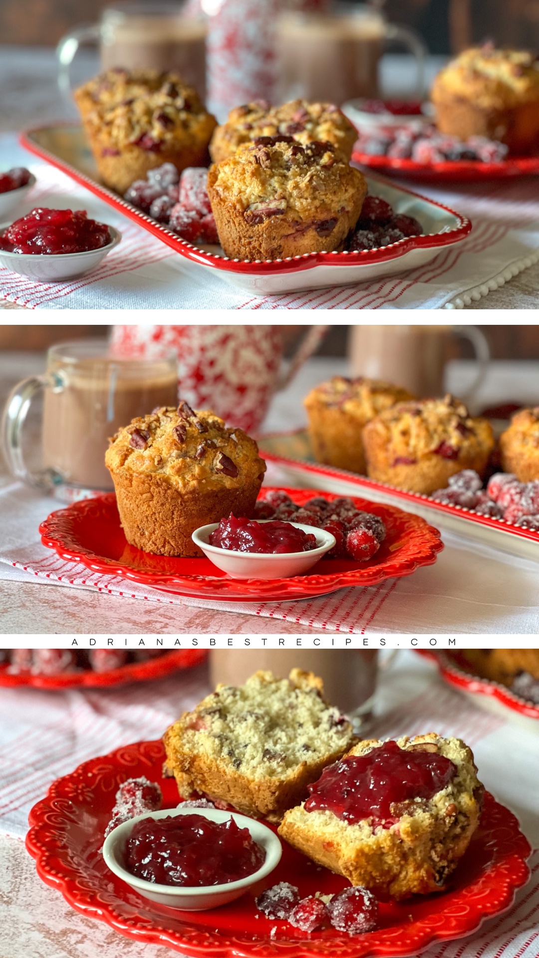 a collage with ready to eat buttermilk biscuits with fresh cranberries and cranberry jam