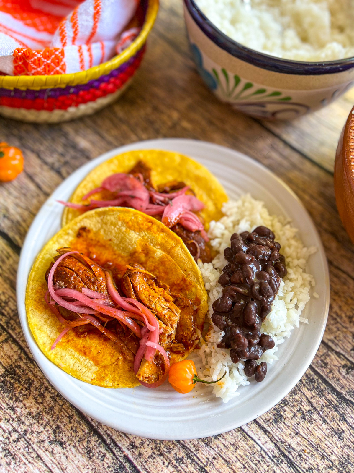 Tacos stuffed with shredded chicken pibil