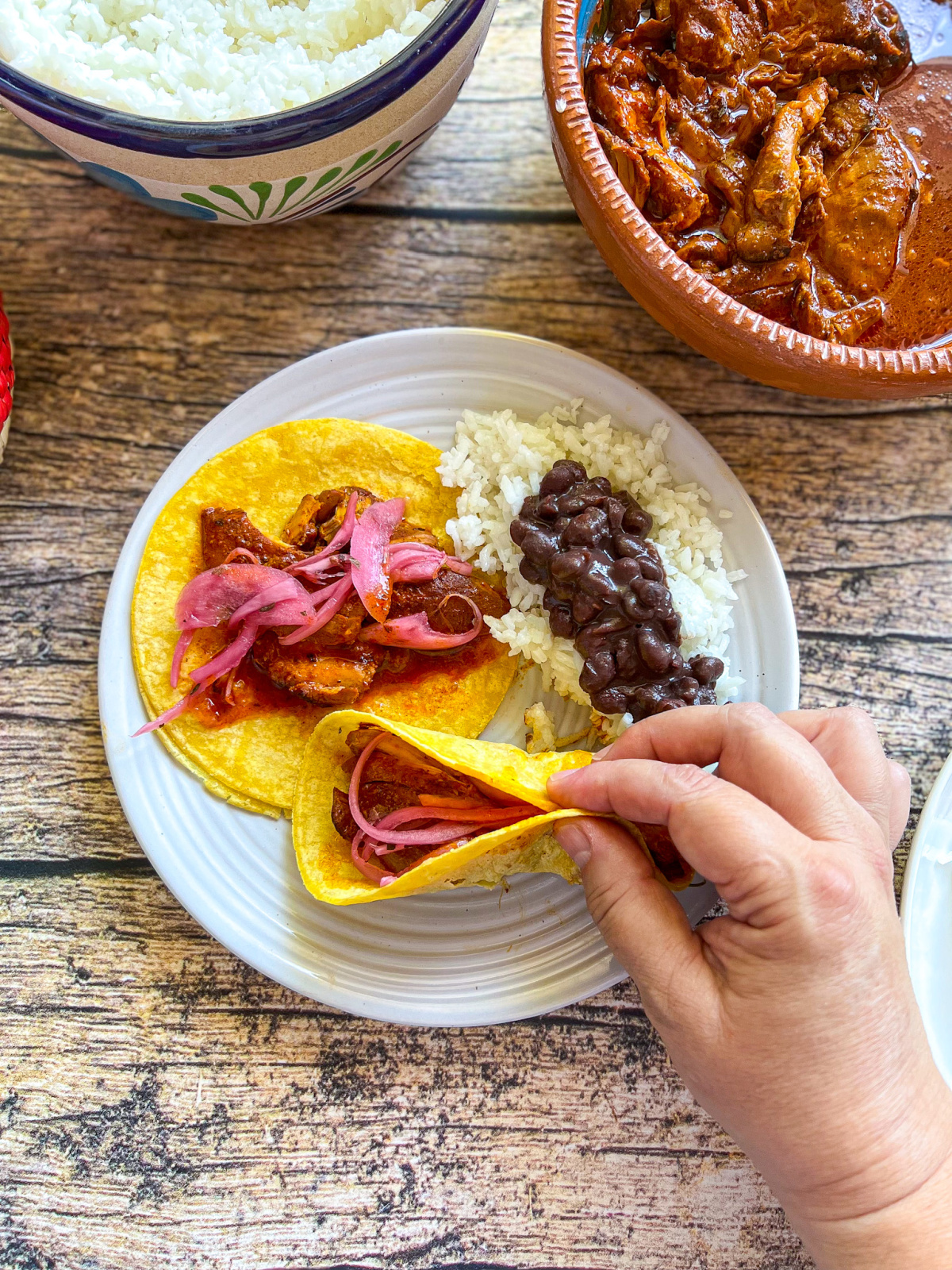 a hand holding a taco made with chicken and achiote 