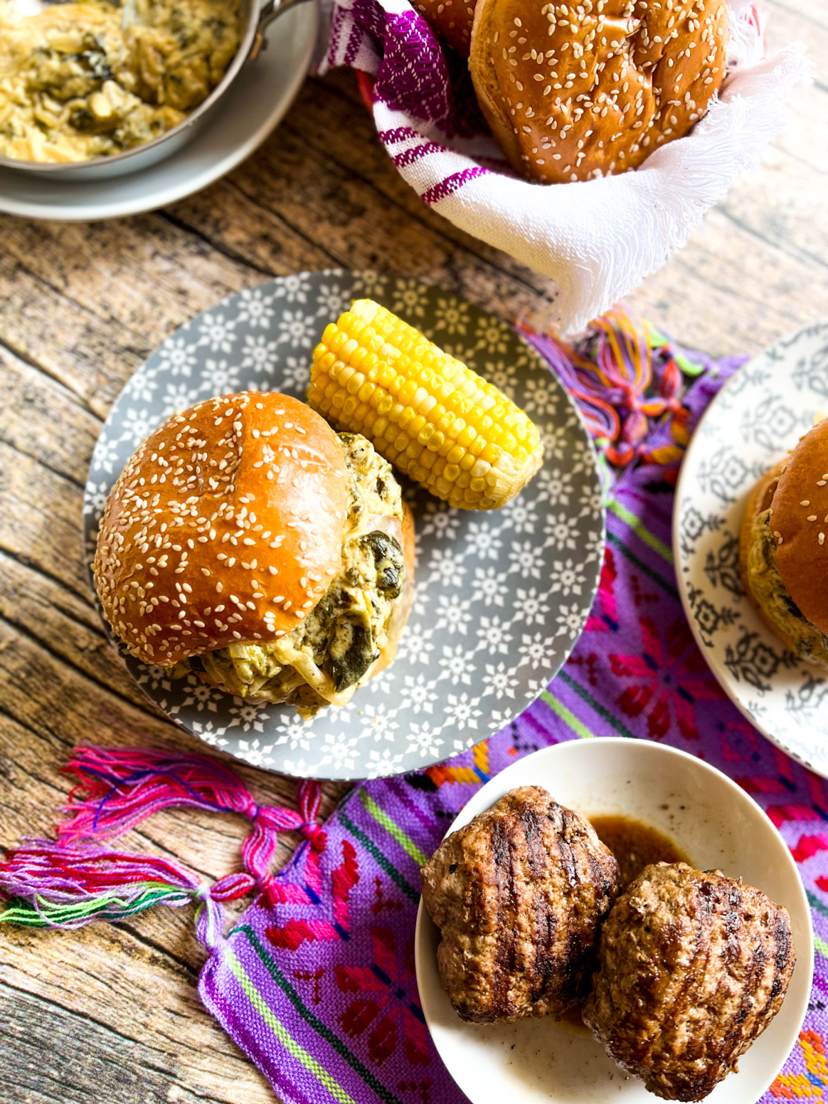 fresh ground veal burger dinner with corn on the cob