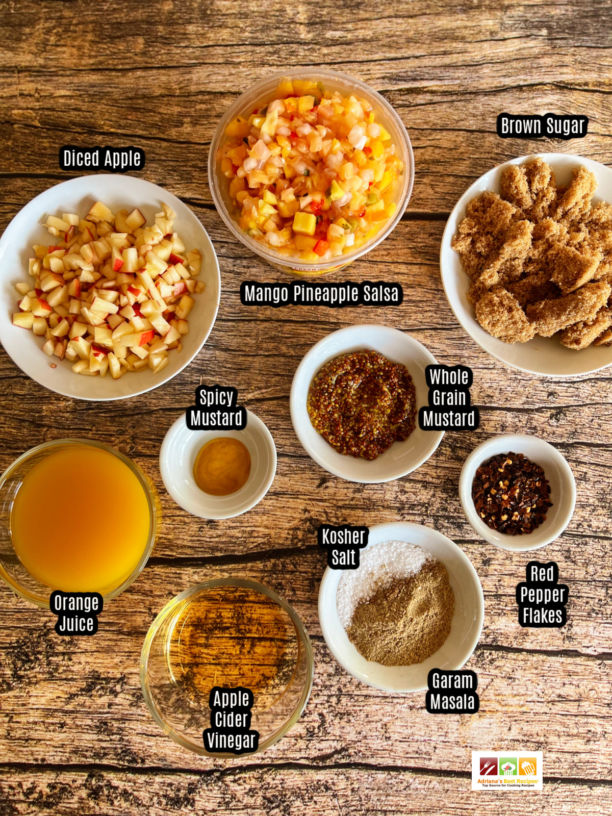 a top shot of bowls with spices and salsas