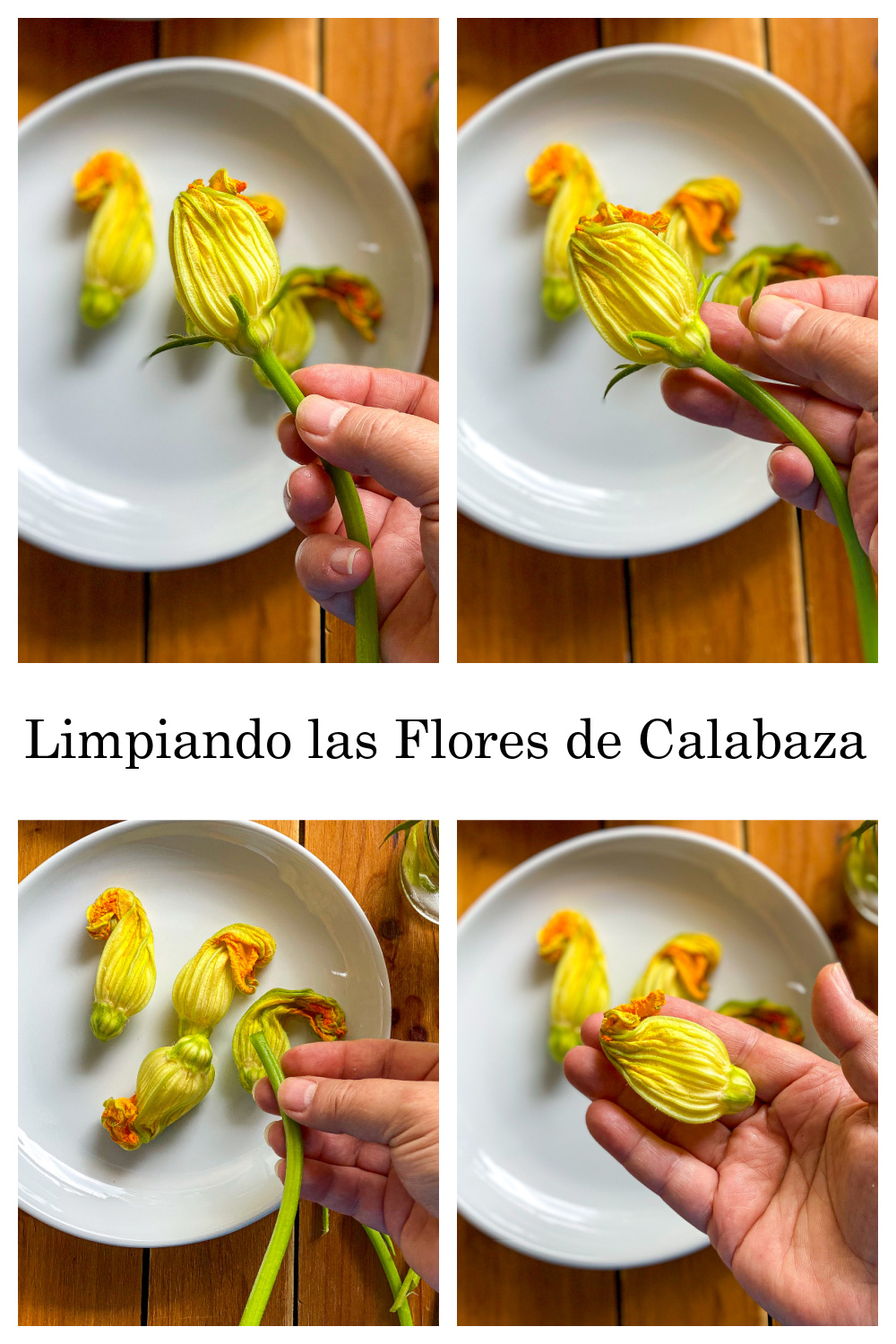 un collage mostrando como limpiar la flor de calabacín