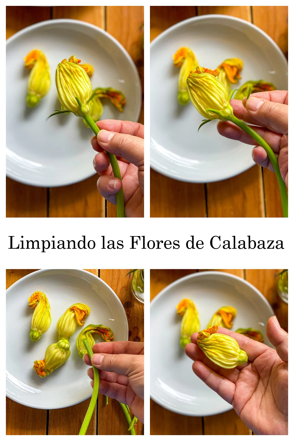 un collage mostrando como limpiar la flor de calabacín