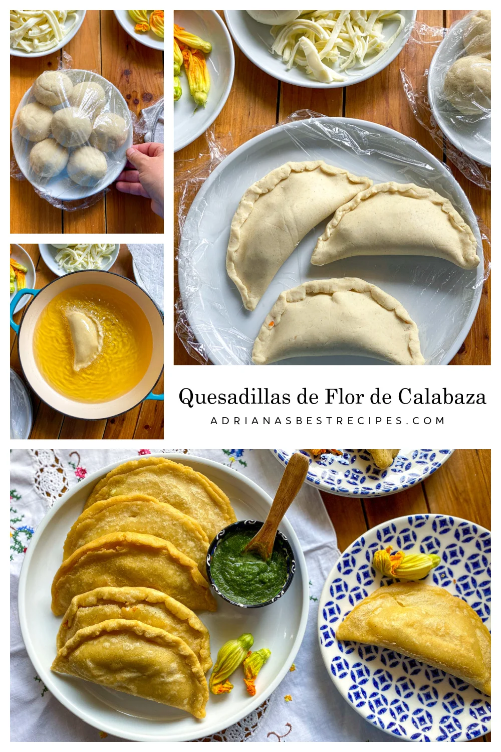 Un collage mostrando cómo formar, freír y servir las quesadillas de flor